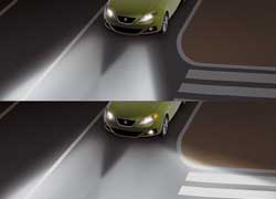 Seat Ibiza можно оснастить системой AFS. При повороте (с включенными габаритами или фарами) на скорости до 40 км/ч противотуманная фара автоматически включается и поворачивается в сторону поворота. 