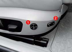 Пассажирское сиденье так же, как и водительское, оборудовано электроприводами, включая двухуровневый поясничный подпор (1) и ширину спинки (2).