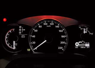 В зависимости от режима Sport или Eco изменяется цвет подсветки приборов, а слева высвечивается тахометр (1) или индикатор двигателя (2).