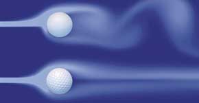 Технология мяча для гольфа (внизу) обеспечивает лучшую обтекаемость также и акустический комфорт.