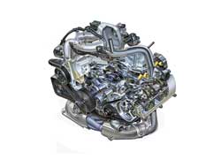 Двигатель объемом 2,5 литра слегка модернизировали, подняв мощность до 173 л. с. (+ 8 л. с.), а крутящий момент до 227 Нм (+ 1 Нм). С ним Legacy 2.5R, едет на 5 км/ч быстрее, а «ест» в среднем на 0,3 литра топлива меньше, чем двухлитровая модификация. 