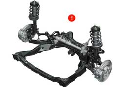 Модель базируется на шасси полноприводного седана Mazda6 MPS. В европейской модификации СХ-7 (1) передняя и задняя (2) независимые подвески перенастроены, чтобы водитель лучше чувствовал дорогу. Роль межосевого дифференциала (3) выполняет электронно управляемая многодисковая муфта. 